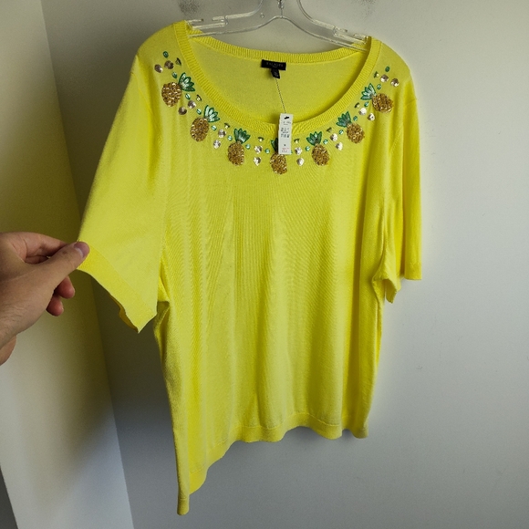 New Talbots Pineapple Embroidered shortsleeve sweater cotton yellow 3X plus size - Picture 4 of 12